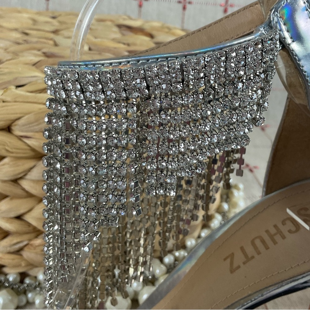 SCHUTZ “Lory” Iridescent Silver Leather Crystal Fringe Ankle Strappy Heels 6.5 - Picture 10 of 12